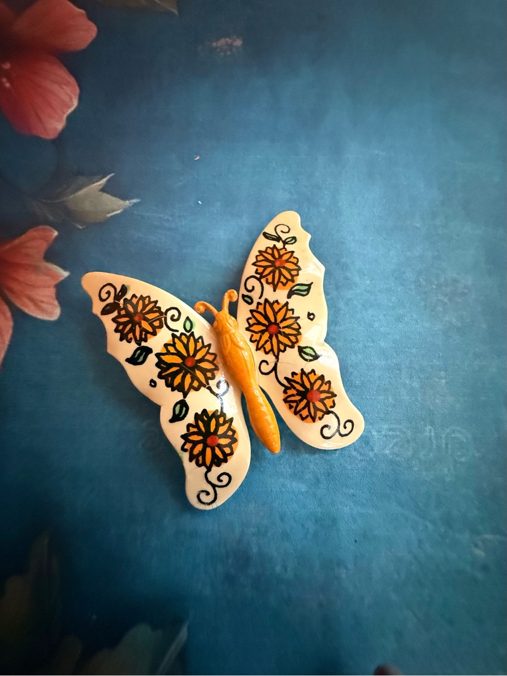 Decorative Butterfly Enamel Brooch in Cream and Orange